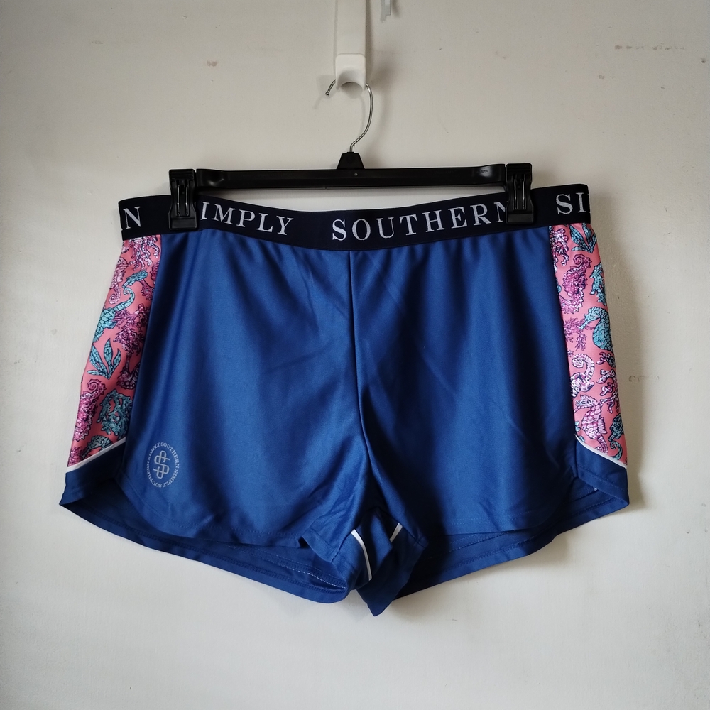 Simply Southern Blue Athletic Shorts with Pink Paisley Panels